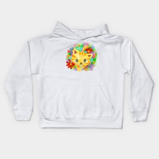 Kitten walking in flower garden Kids Hoodie